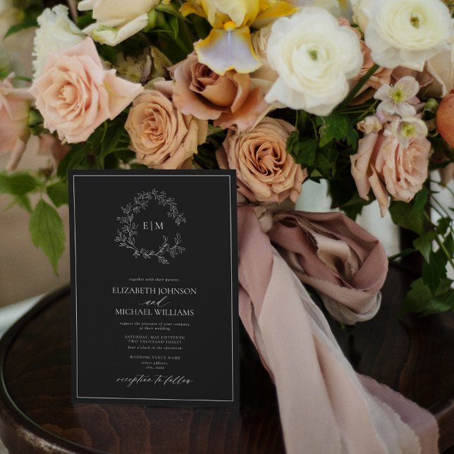 Black White Leafy Crest Monogram Photo Wedding Invitation (Creator Uploaded)