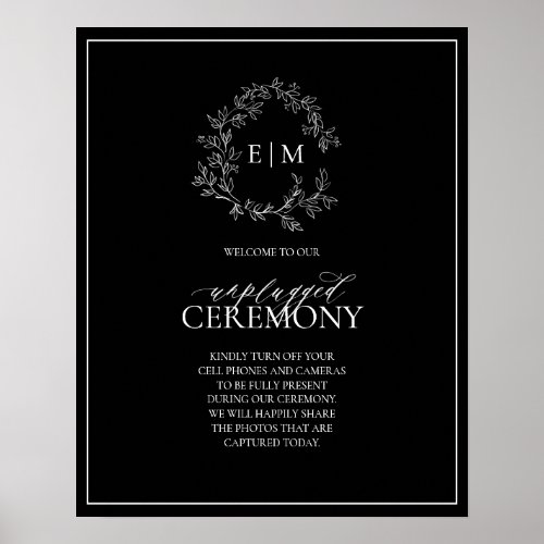 Black White Leafy Crest Monogram Unplugged Wedding Poster