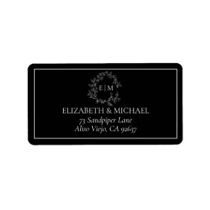 Black White Leafy Crest Monogram Wedding Address Label