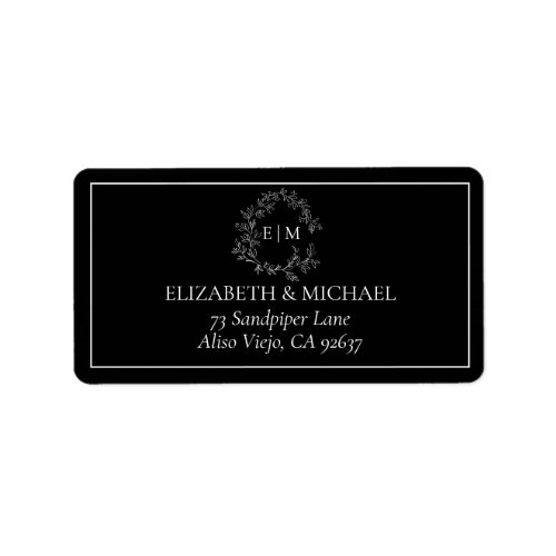 Black White Leafy Crest Monogram Wedding Address Label