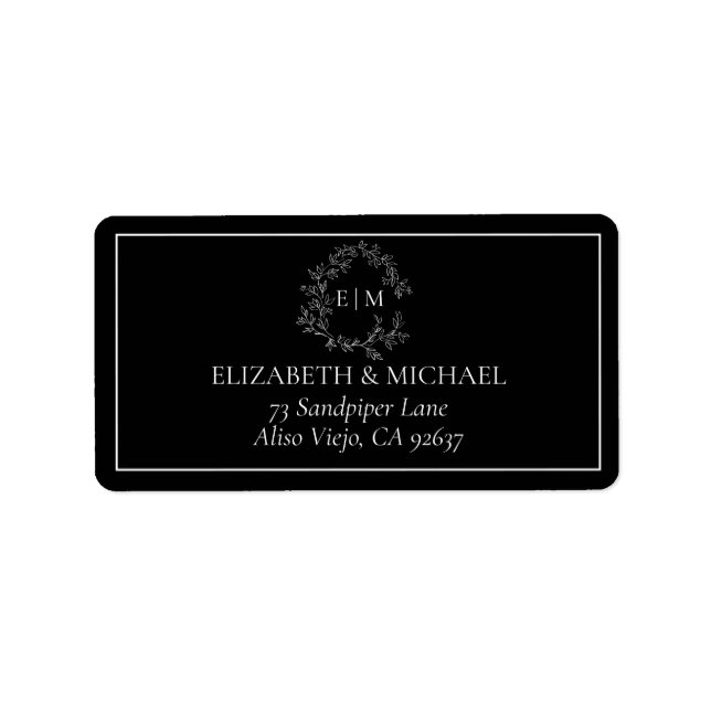 Black White Leafy Crest Monogram Wedding Address Label (Front)