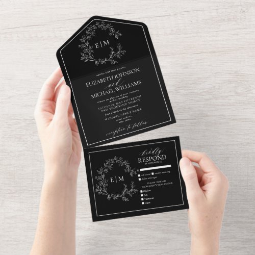 Black White Leafy Crest Monogram Wedding All In One Invitation - We're loving this trendy, modern black and white All-in-one Simple, elegant, and oh-so-pretty, it features a hand drawn leafy wreath encircling a modern wedding monogram. It is personalized in elegant typography, and accented with hand-lettered calligraphy. Finally, it is trimmed in a delicate frame. To remove meal choices in the RSVP section, we have created a how-to video for you here: https://youtu.be/ZGpeldQgxoE. Part of a matching wedding set. Veiw suite here: 
https://www.zazzle.com/collections/black_white_leafy_crest_monogram_wedding-119655862125661501 Contact designer for matching products to complete the suite, OR for color variations of this design. Thank you sooo much for supporting our small business, we really appreciate it! 
We are so happy you love this design as much as we do, and would love to invite
you to be part of our new private Facebook group Wedding Planning Tips for Busy Brides. 
Join to receive the latest on sales, new releases and more! 
https://www.facebook.com/groups/622298402544171  
Copyright Anastasia Surridge for Elegant Invites, all rights reserved.