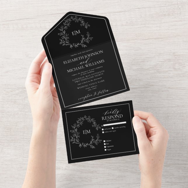 Black White Leafy Crest Monogram Wedding All In One Invitation (Tearaway)