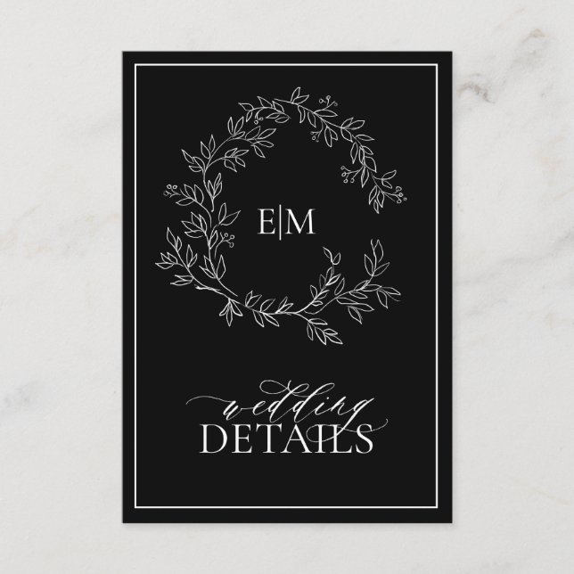 Black White Leafy Crest Monogram Wedding Details Enclosure Card (Front)