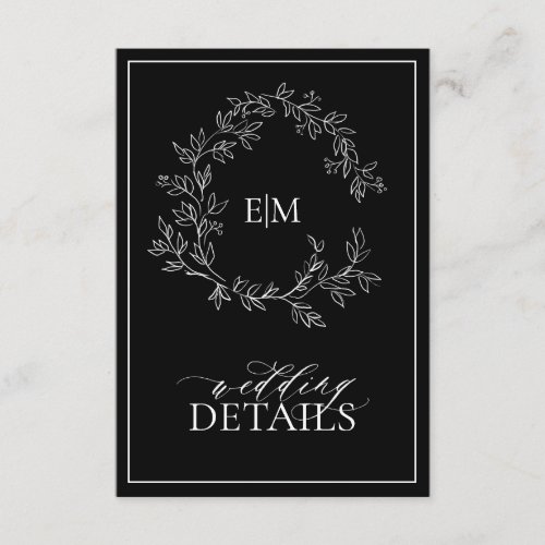 Black White Leafy Crest Monogram Wedding Details Enclosure Card
