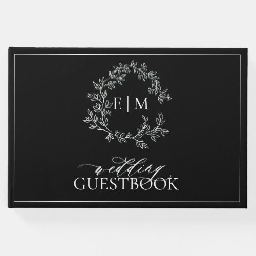 Black White Leafy Crest Monogram Wedding Guest Book