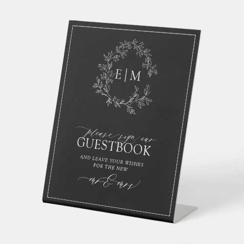 Black White Leafy Crest Monogram Wedding Guestbook Pedestal Sign