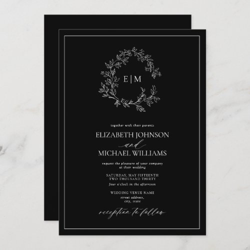 Black White Leafy Crest Monogram Wedding Invitation - We're loving this trendy, modern black and white wedding invitation! Simple, elegant, and oh-so-pretty, it features a hand drawn leafy wreath encircling a modern wedding monogram. It is personalized in elegant typography, and accented with hand-lettered calligraphy. Finally, it is trimmed in a delicate frame. Veiw suite here: 
https://www.zazzle.com/collections/black_white_leafy_crest_monogram_wedding-119655862125661501 Contact designer for matching products to complete the suite, OR for color variations of this design. Thank you sooo much for supporting our small business, we really appreciate it! 
We are so happy you love this design as much as we do, and would love to invite
you to be part of our new private Facebook group Wedding Planning Tips for Busy Brides. 
Join to receive the latest on sales, new releases and more! 
https://www.facebook.com/groups/622298402544171  
Copyright Anastasia Surridge for Elegant Invites, all rights reserved.