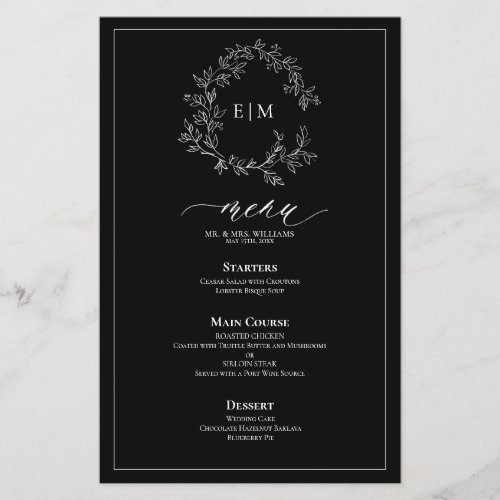 Black White Leafy Crest Monogram Wedding Menu