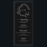 Black White Leafy Crest Monogram Wedding Menu<br><div class="desc">Create the perfect reception setting! We're loving this Black White Leafy Crest Monogram Wedding 4"x 9" Menu! Simple, elegant, and oh-so-pretty, it features a hand drawn leafy wreath encircling a modern wedding monogram. It is personalized in elegant typography, and accented with hand-lettered calligraphy. Finally, it is trimmed in a delicate...</div>