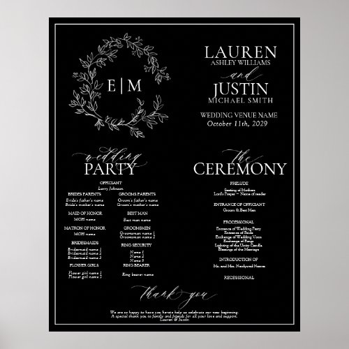 Black White Leafy Crest Monogram Wedding Program Poster