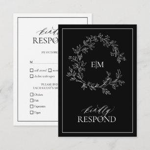 Black White Leafy Crest Monogram Wedding RSVP Card