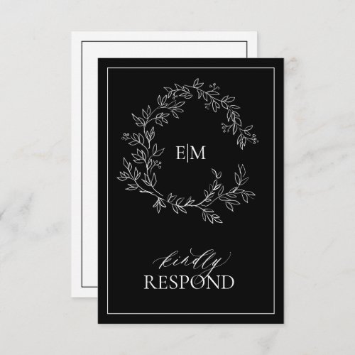 Black White Leafy Crest Monogram Wedding RSVP Card - We're loving this trendy, modern black and white RSVP card! Simple, elegant, and oh-so-pretty, it features a hand drawn leafy wreath encircling a modern wedding monogram. It is personalized in elegant typography, and accented with hand-lettered calligraphy. Finally, it is trimmed in a delicate frame and the back of the card allows guests to indicate their intention to attend and entree selection.To remove meal choices, we have create a how-to video for you here: https://youtu.be/ZGpeldQgxoE  Veiw suite here: 
https://www.zazzle.com/collections/black_white_leafy_crest_monogram_wedding-119655862125661501 Contact designer for matching products to complete the suite, OR for color variations of this design. Thank you sooo much for supporting our small business, we really appreciate it! 