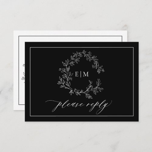 Black White Leafy Crest Monogram Wedding RSVP Card