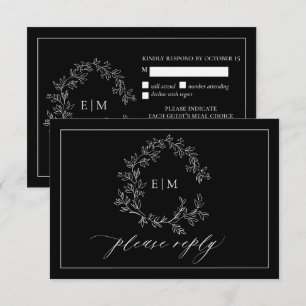 Black White Leafy Crest Monogram Wedding RSVP Card