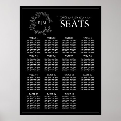 Black White Leafy Crest Monogram Wedding Seating Poster