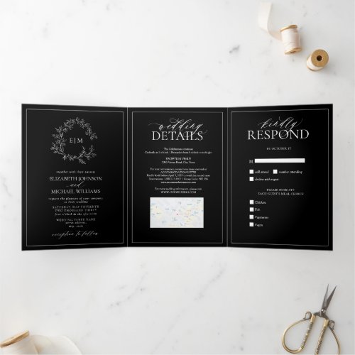 Black White Leafy Crest Monogram Wedding Tri-Fold Invitation - We're loving this trendy, modern black and white Trifold invitation simple, elegant, and oh-so-pretty, it features a hand drawn leafy wreath encircling a modern wedding monogram. It is personalized in elegant typography, and accented with hand-lettered calligraphy. Finally, it is trimmed in a delicate frame. To remove meal choices in the RSVP section, we have created a how-to video for you here: https://youtu.be/ZGpeldQgxoE. A Wedding Details contains extra details like, driving directions, reception information, hotel information, etc. This can also include your wedding website including provision for a map (via screen capture) has been included, and even your favorite engagement photo on the back! Veiw suite here: 
https://www.zazzle.com/collections/black_white_leafy_crest_monogram_wedding-119655862125661501 Contact designer for matching products to complete the suite, OR for color variations of this design. Thank you sooo much for supporting our small business, we really appreciate it! 
We are so happy you love this design as much as we do, and would love to invite
you to be part of our new private Facebook group Wedding Planning Tips for Busy Brides. 
Join to receive the latest on sales, new releases and more! 
https://www.facebook.com/groups/622298402544171  
Copyright Anastasia Surridge for Elegant Invites, all rights reserved.