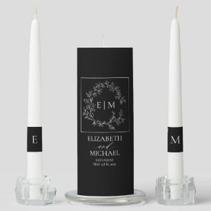 Black White Leafy Crest Monogram Wedding Unity Candle Set