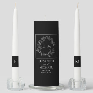 Black White Leafy Crest Monogram Wedding Unity Candle Set