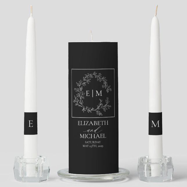 Black White Leafy Crest Monogram Wedding Unity Candle Set (Front)