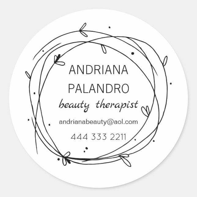 Black & white leafy wreath logo classic round sticker (Front)