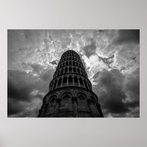 Black White Leaning Tower of Pisa European Travel Poster