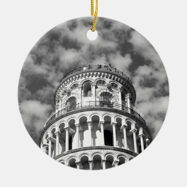 Black White Leaning Tower of Pisa Italy Ceramic Ornament (Front)