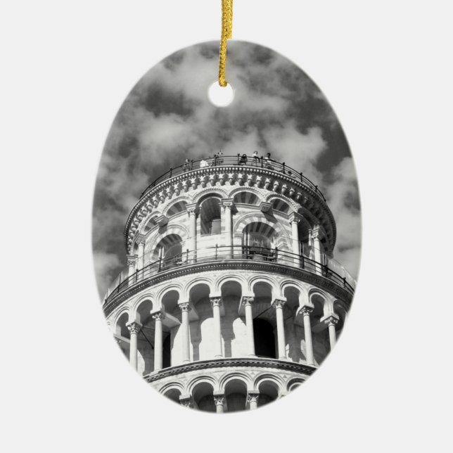 Black White Leaning Tower of Pisa Italy Ceramic Ornament (Front)
