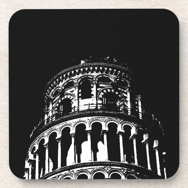Black White Leaning Tower of Pisa Italy Drink Coaster (Front)