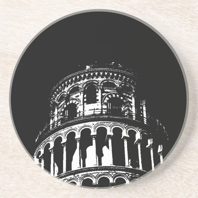 Black White Leaning Tower of Pisa Italy Drink Coaster (Front)
