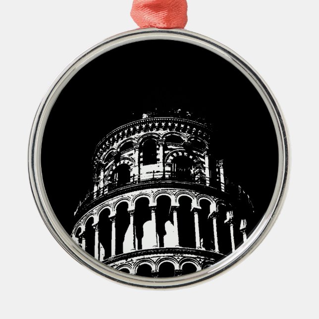 Black White Leaning Tower of Pisa Italy Metal Ornament (Front)