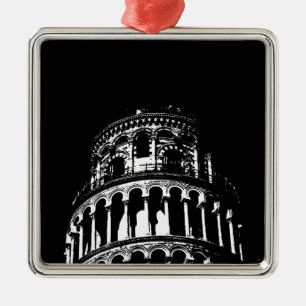 Black White Leaning Tower of Pisa Italy Metal Ornament