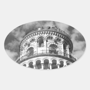 Black White Leaning Tower of Pisa Italy Oval Sticker