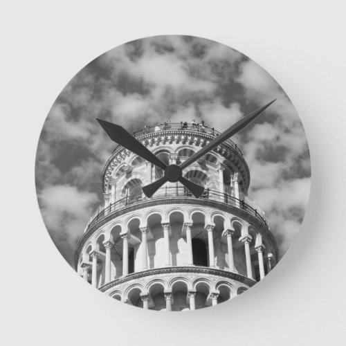 Black White Leaning Tower of Pisa Italy Round Clock