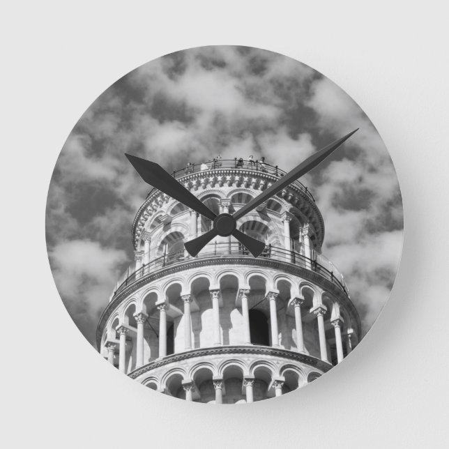 Black White Leaning Tower of Pisa Italy Round Clock (Front)