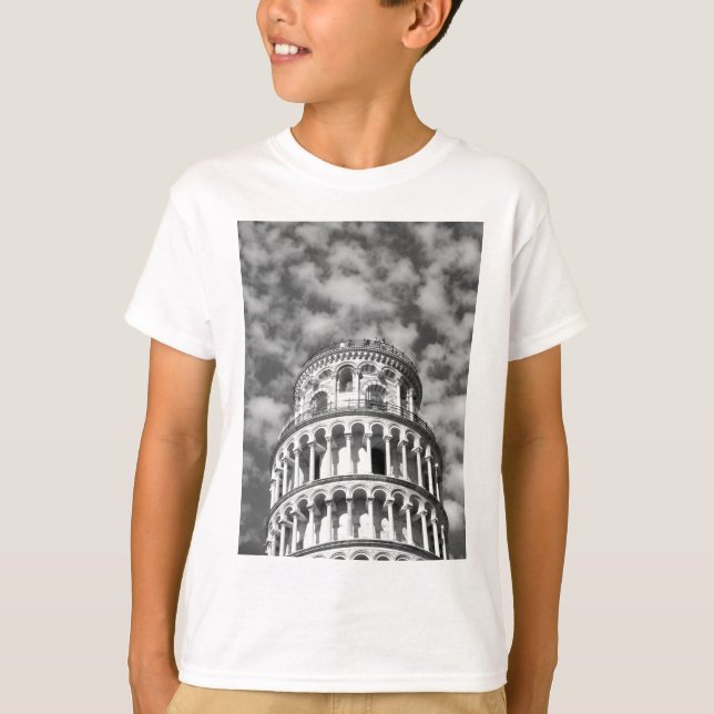 Black White Leaning Tower of Pisa Italy T-Shirt (Front)