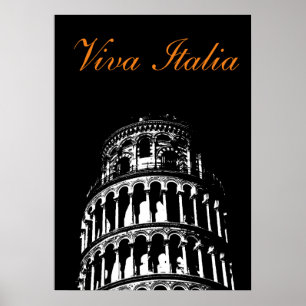 Black White Leaning Tower of Pisa Italy Travel Poster