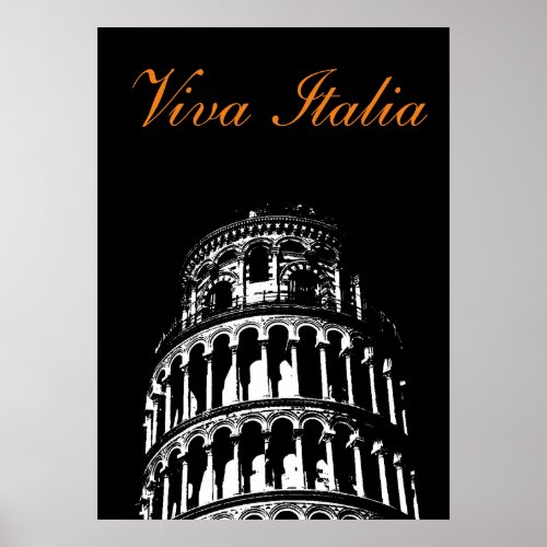 Black White Leaning Tower of Pisa Italy Travel Poster