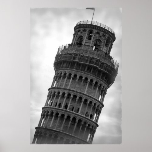 Black  White Leaning Tower of Pisa Travel Poster