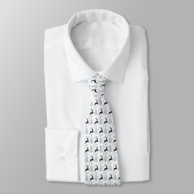 Black & White Leaping Deer Christmas Tree Men's Neck Tie (Tied)