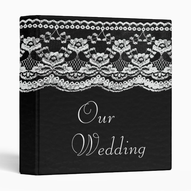 Black & White Leather & Lace Wedding Photo Album Binder (Front/Spine)