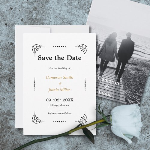 Black  White Leaves Dots Frame Save The Date Invitation