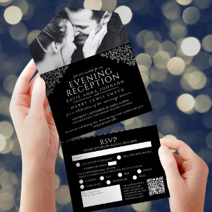 Black white leaves photo evening reception RSVP QR All In One Invitation