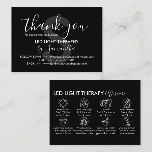 Black White Led Light Therapy Aftercare Thank You Business Card