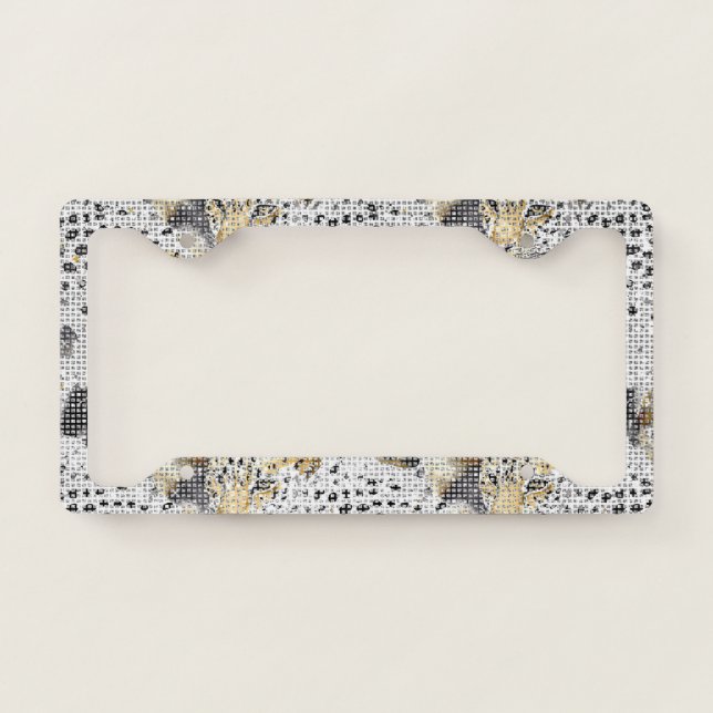 Black White Leopard Animal Print Sparkle License Plate Frame (Front)