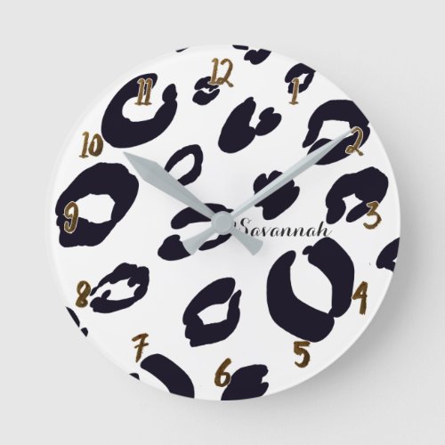 Black  White Leopard Cheetah Glam Personalized Round Clock