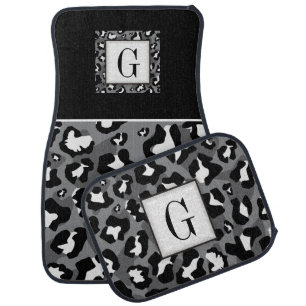 Black, white leopard pattern, monogram car mat