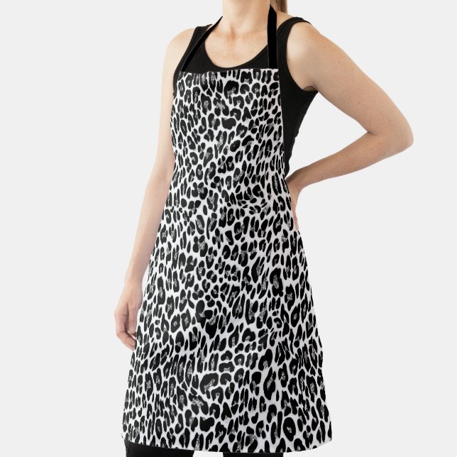 Black White Leopard Pattern Silver Glitter Apron (Insitu)