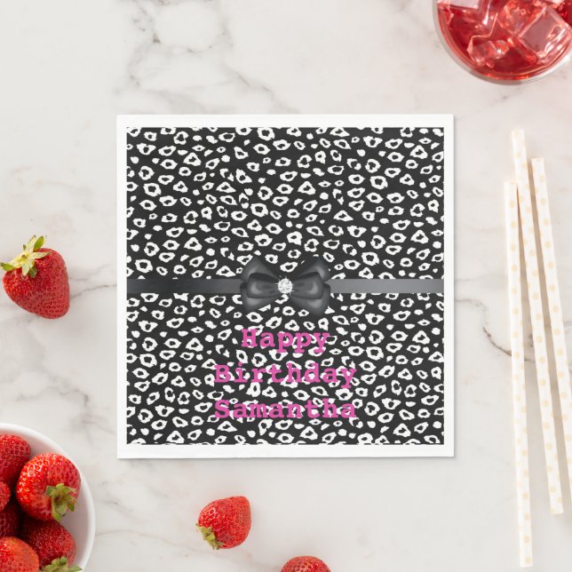 Black White Leopard Print with Bow Birthday Napkins (Insitu)