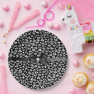 Black White Leopard Print with Bow Birthday Paper Plates